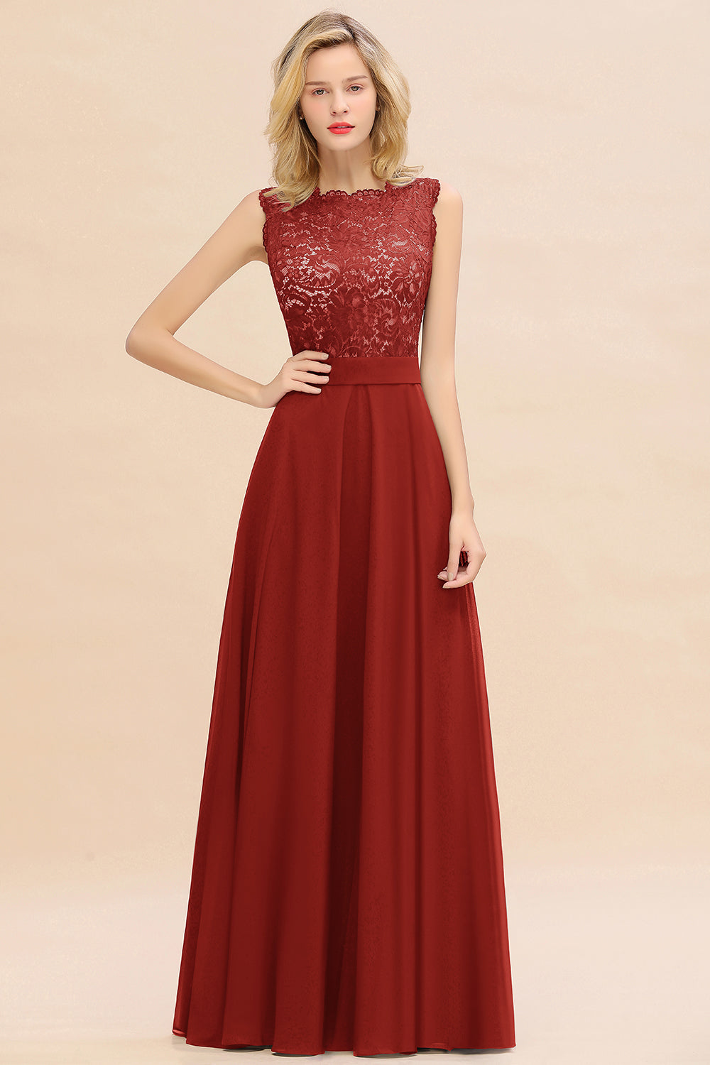 Long A-line Chiffon Lace Sleeveless Bridesmaid Dresses
