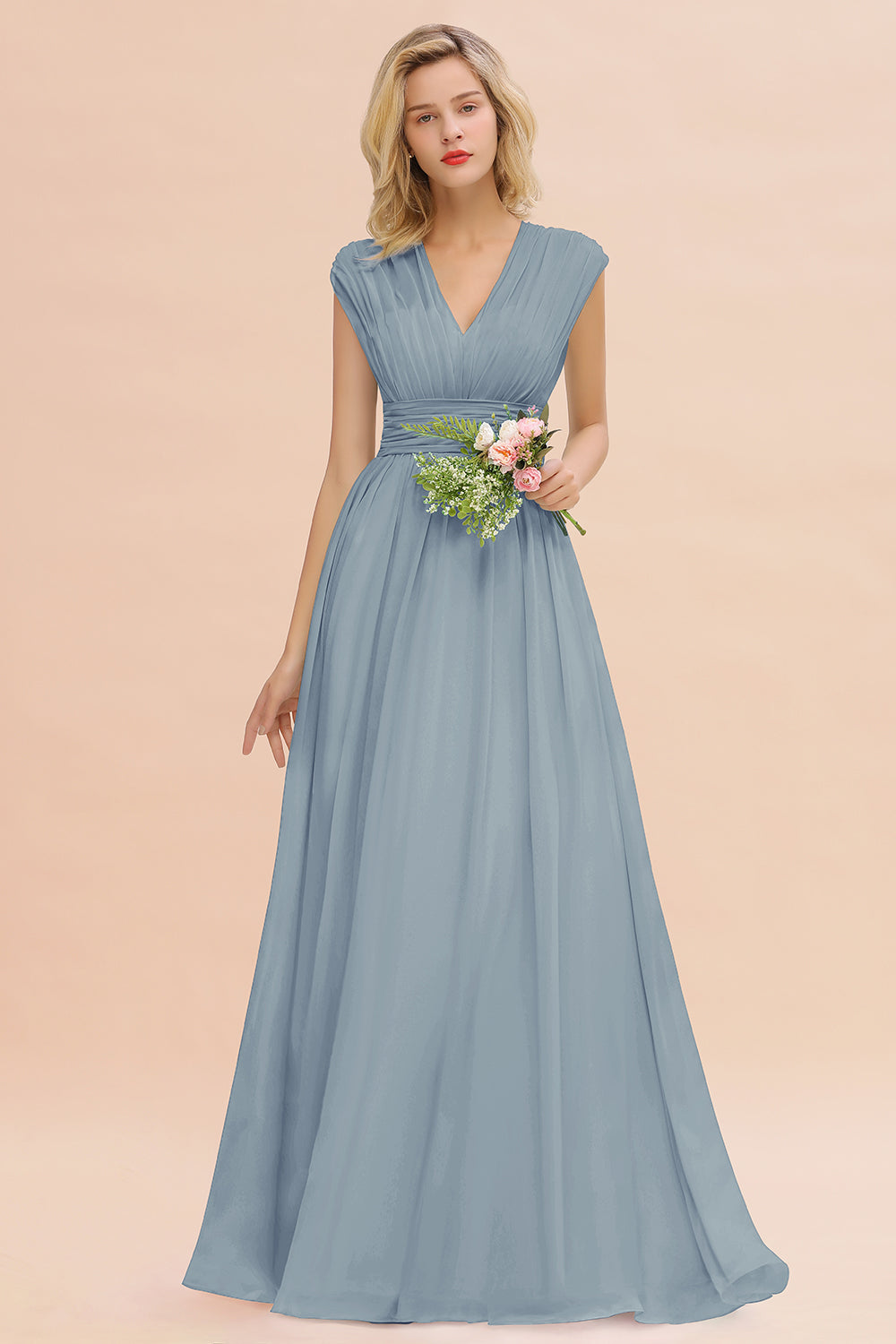 Chiffon V-Neck Sleeveless Elegant A-line Ruffles Bridesmaid Dress