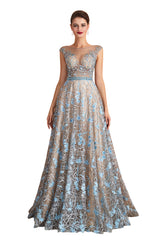 Long Jewel Lace A-line Tulle Lace Formal Evening Dress