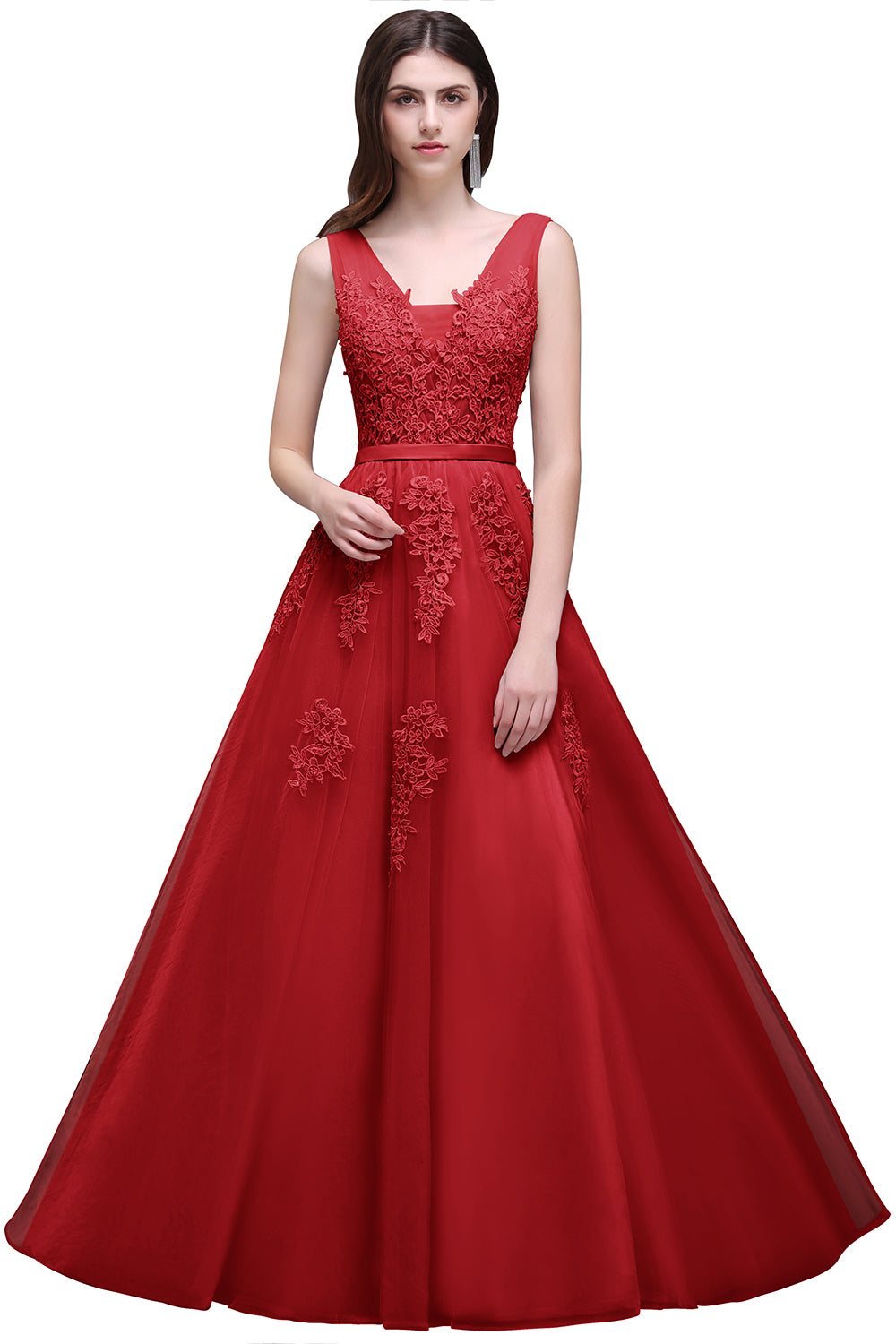 Fabulous Long V-neck Tulle Lace A-line Evening Dress