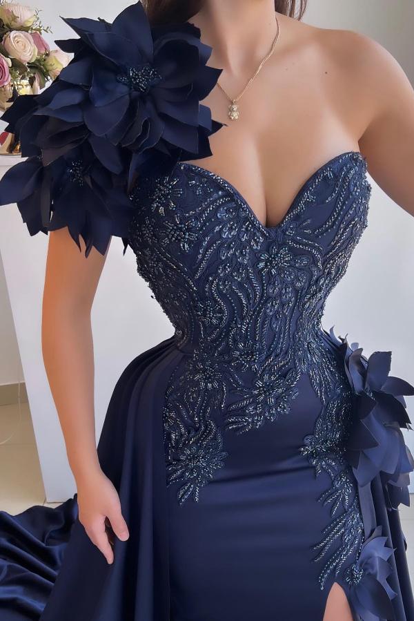 Dark Navy Long One Shoulder Sweetheart Mermaid Split Front Prom Dress