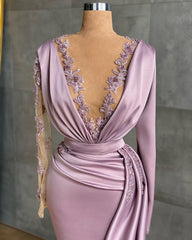 Simple V-neck Long Sleeve Appliques Lace Floor Length Ruffles Mermaid Prom Dress