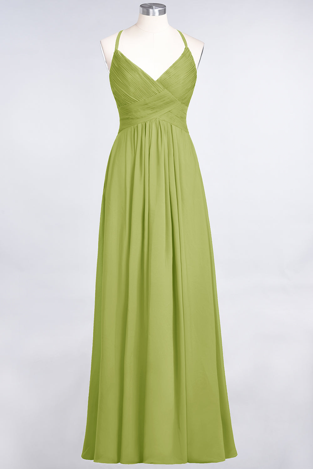 A-Line Chiffon Spaghetti Straps V-Neck Sleeveless Floor Length Bridesmaid Dress with Ruffles
