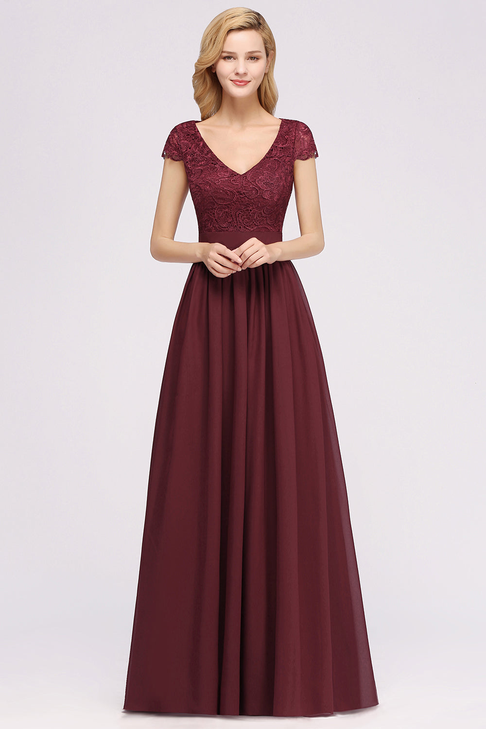 A-line Chiffon Lace V-Neck Sleeveless Floor Length Bridesmaid Dresses with Ruffles