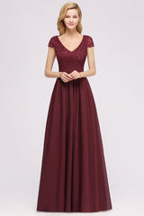 A-line Chiffon Lace V-Neck Sleeveless Floor Length Bridesmaid Dresses with Ruffles