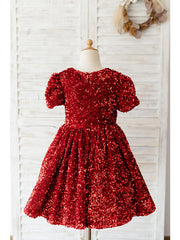 Red Short A-line Knee Length Sequined Flower Girl Dresses with Sleeves