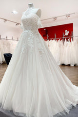 Modest Long A-line Off The Shoulder Tulle Lace Ruffles Princess Wedding Dress