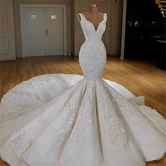 Elegant V-neck Strap Mermaid Lace Long Train Wedding Dresses