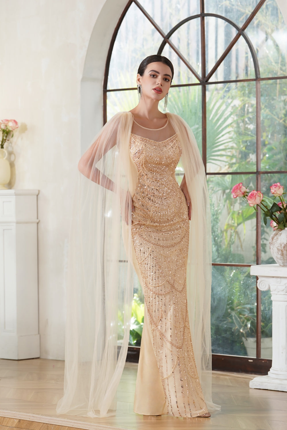 Champagne Long Mermaid Scoop Neck Tulle Formal Prom Dress with Cape