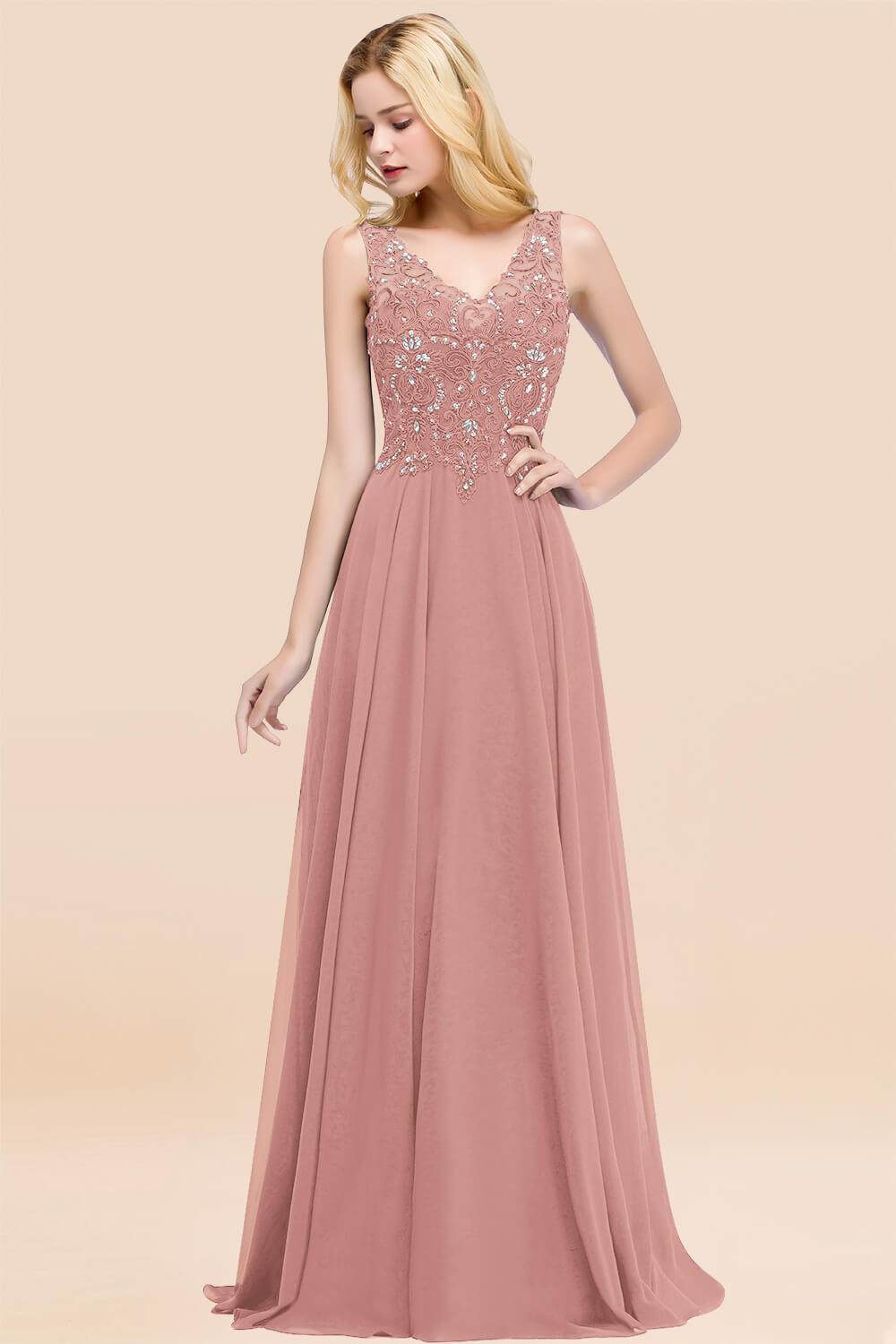 Dusty Rose Lace V-Neck Long Bridesmaid Dresses With Appliques