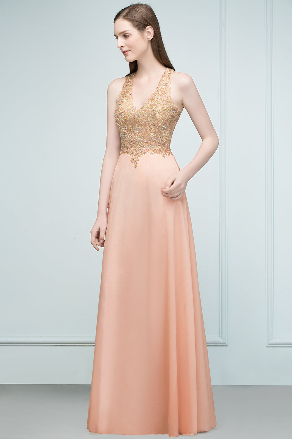 Long V-neck Chiffon Lace A-line Evening Dress