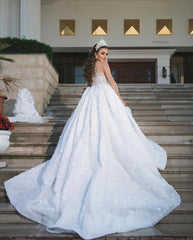 Luxury Long Ball Gown Sweetheart Beads Glitter Wedding Dress with Sleeves