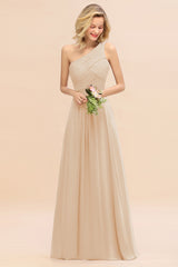 Elegant Champagne A-line Chiffon Ruffles One Shoulder Long Bridesmaid Dress