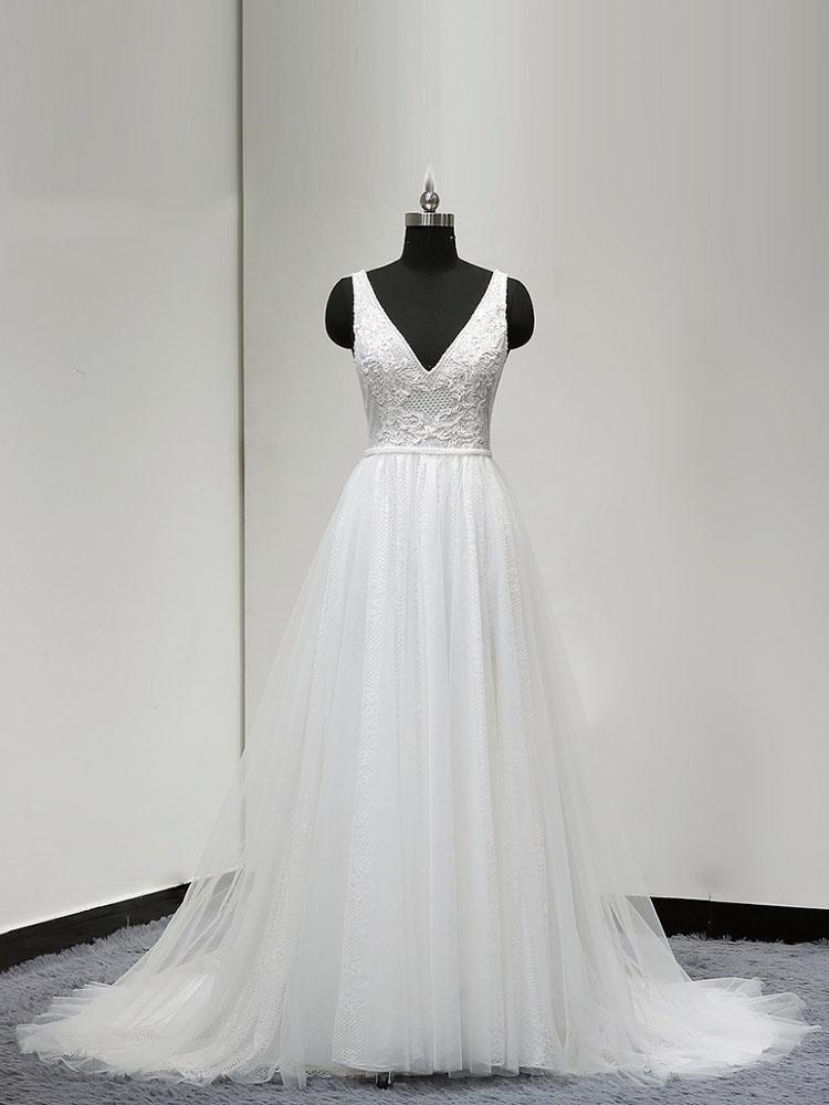 Glamorous Long V-Neck A-Line Tulle Lace Wedding Dresses