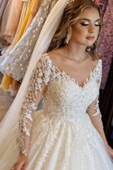 Gorgeous White Long A-line V-neck Lace Wedding Dress with Long Sleeves