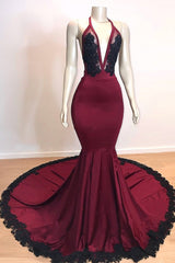 Burgundy V-neck Halter Appliques Long Mermaid Prom Dresses