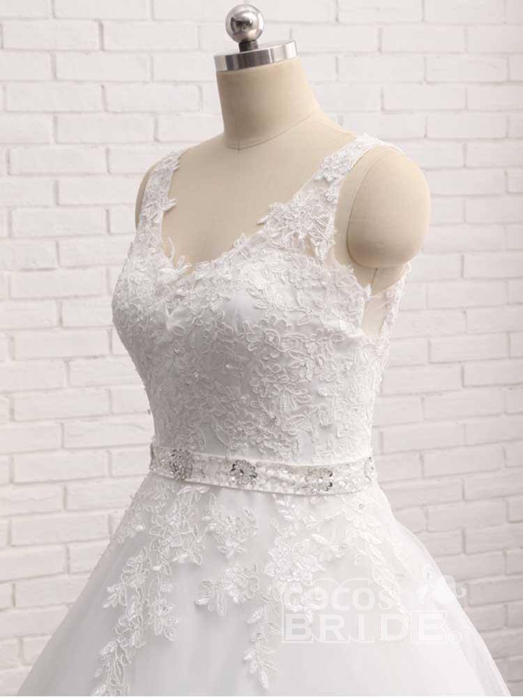 Long V-Neck Beaded Backless Tulle Lace A-Line Wedding Dresses