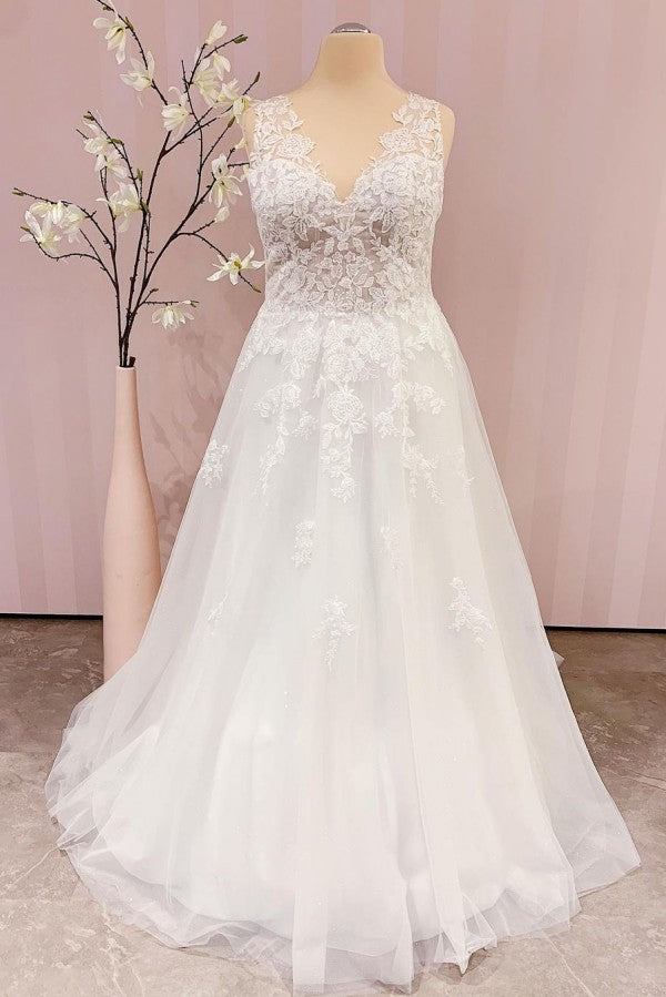 Simple Long V-neck A-Line Backless Floor Length Wedding Dress With Appliques Lace