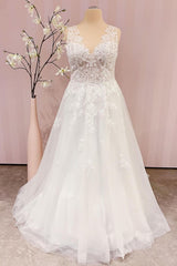 Simple Long V-neck A-Line Backless Floor Length Wedding Dress With Appliques Lace
