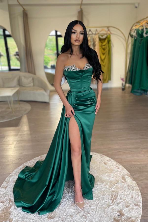 Mermaid Long Satin Split Front Sweetheart Prom Dress with Ruffles