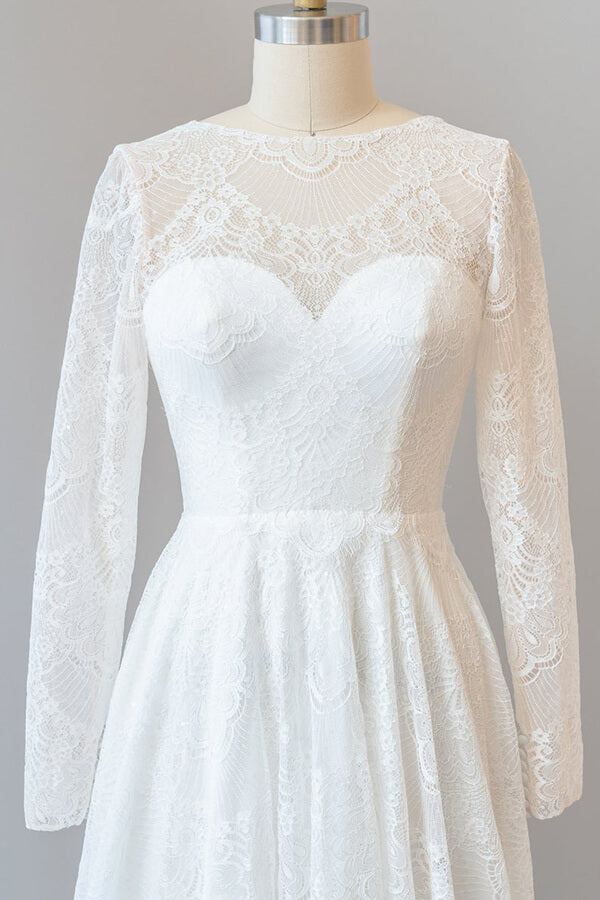 Long Tulle Illusion Long Sleeves Lace Backless A-line Wedding Dress