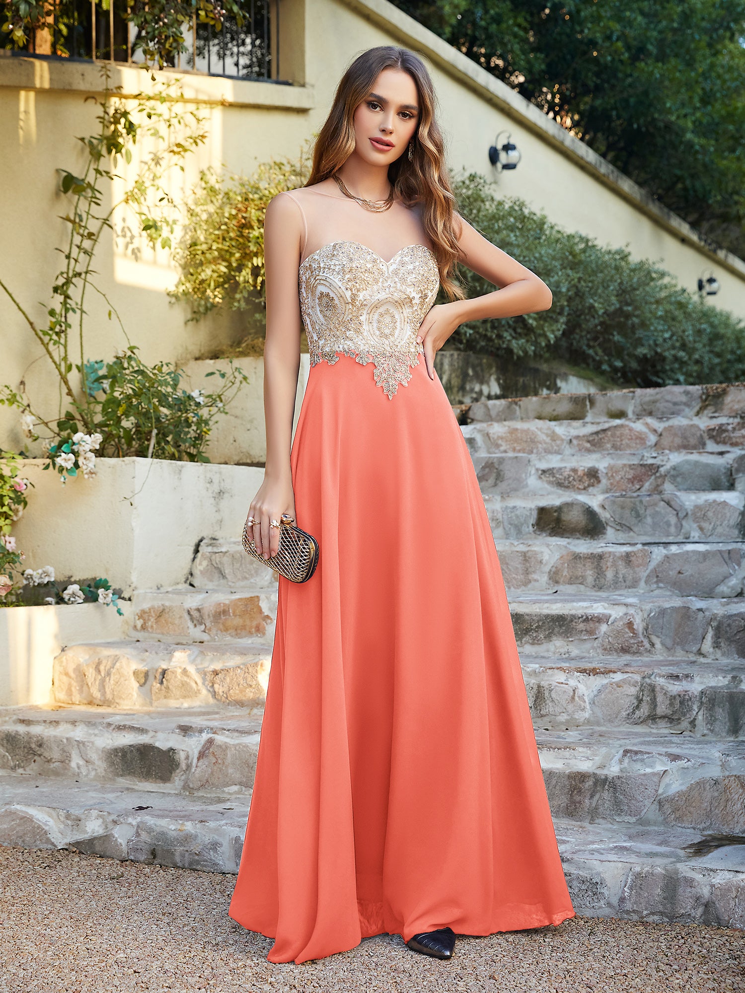 Elegant Long A-line Chiffon Sleeveless Tulle Lace Appliques Prom Dress