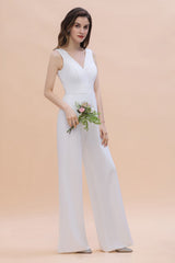 Chic White Deep V-neck Bridesmaid Dress Backless Floor Length Jumpsuit