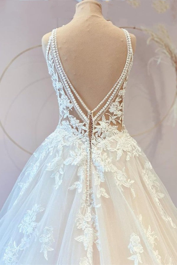Classy Long A-line Sweetheart Tulle Appliques Lace Wedding Dresses