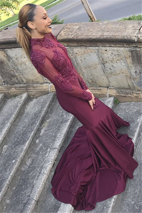 Burgundy Long High Neck Satin Mermaid Prom Dress with Sleeves