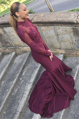 Burgundy Long High Neck Satin Mermaid Prom Dress with Sleeves