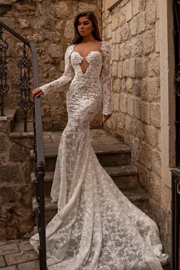 Elegant Long Mermaid Sweetheart Tulle Lace Backless Wedding Dresses with Sleeves