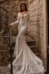 Elegant Long Mermaid Sweetheart Tulle Lace Backless Wedding Dresses with Sleeves