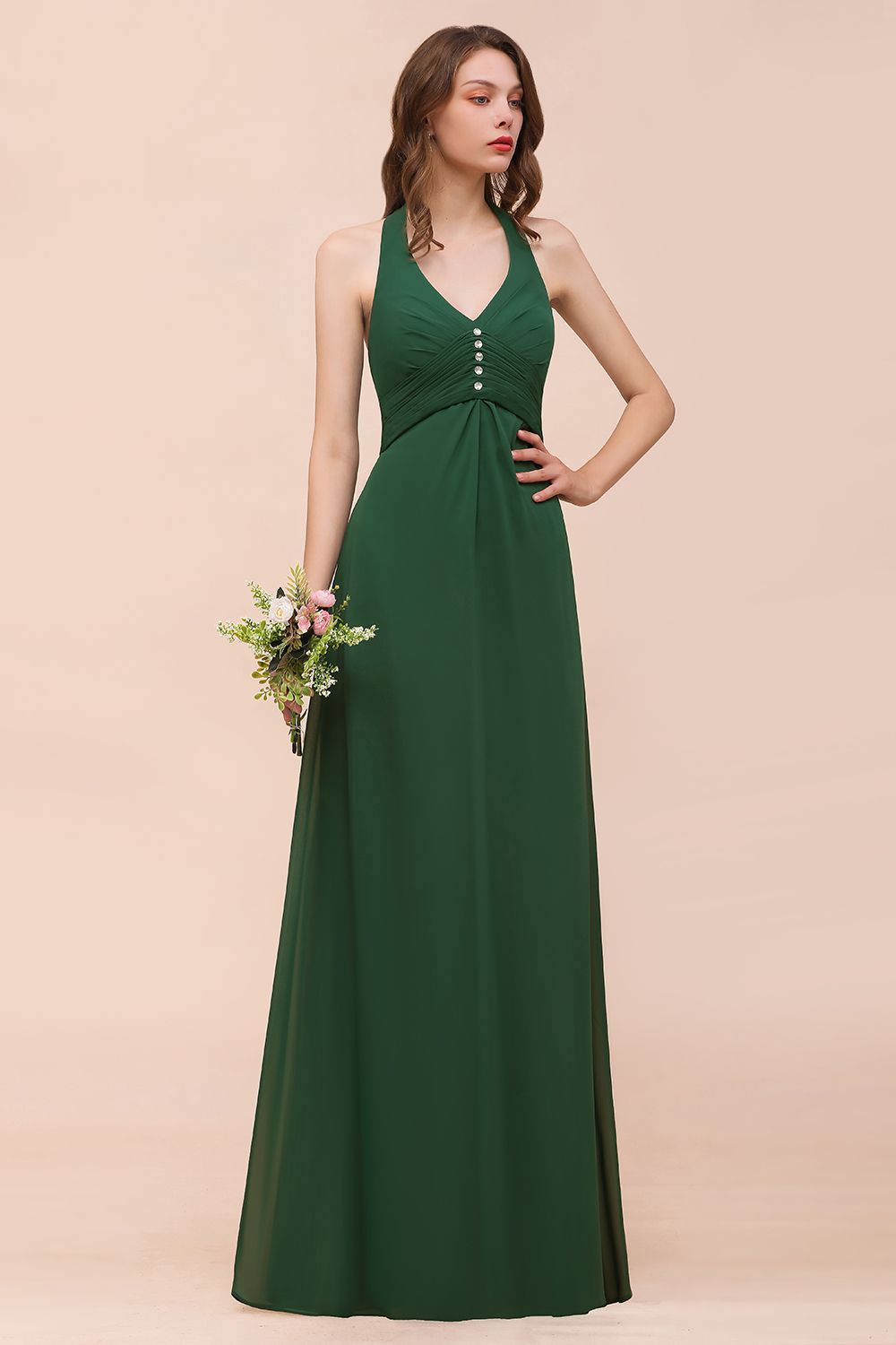 Elegant Halter Deep V-neck A-line Chiffon Bridesmaid Dress With Crystal Embellishment