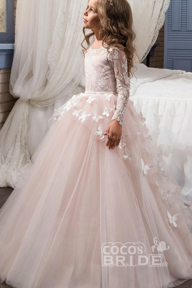 White Scoop Neck Long Sleeves Ball Gown Tulle Lace Flower Girl Dress