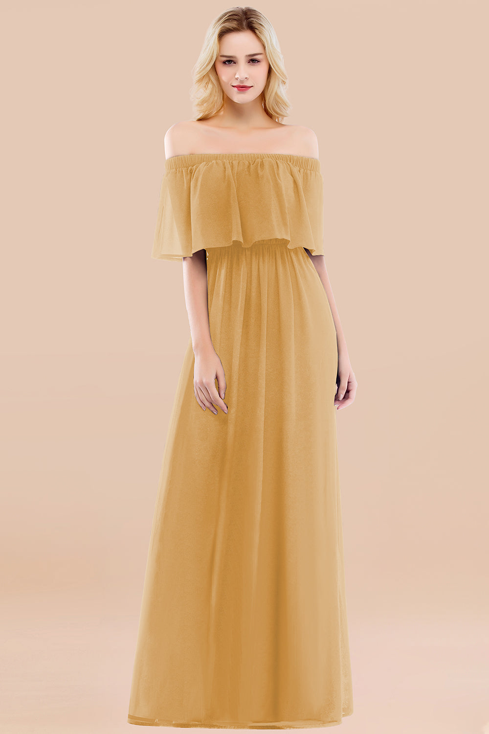 A-line Chiffon Off the Shoulder Short Sleeves Ruffles Floor Length Bridesmaid Dress