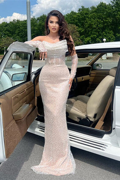 Sparkle Sequined Strapless White Mermaid Long Prom Dress with Gloves