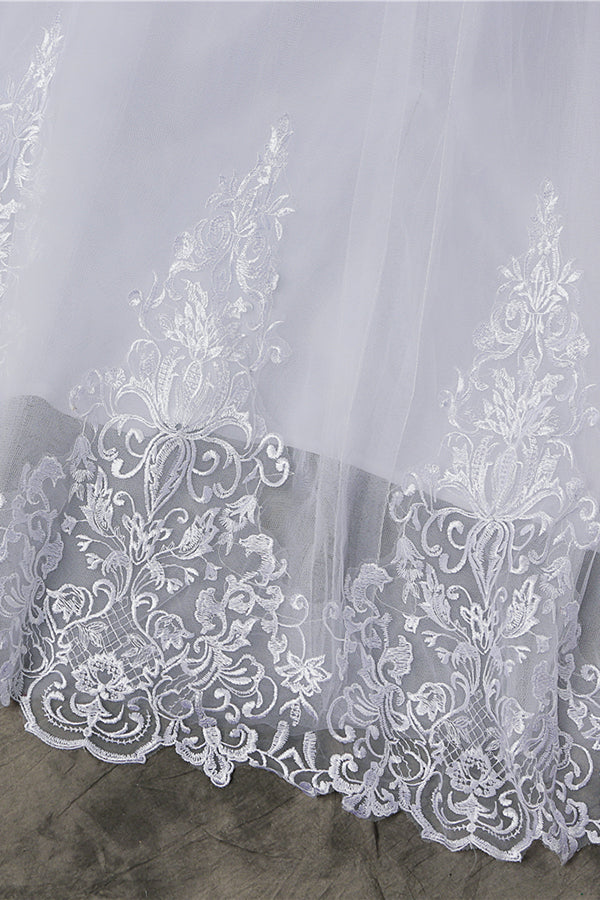 Elegant Long Off The Shoulder Appliques Lace Tulle A-line Wedding Dress