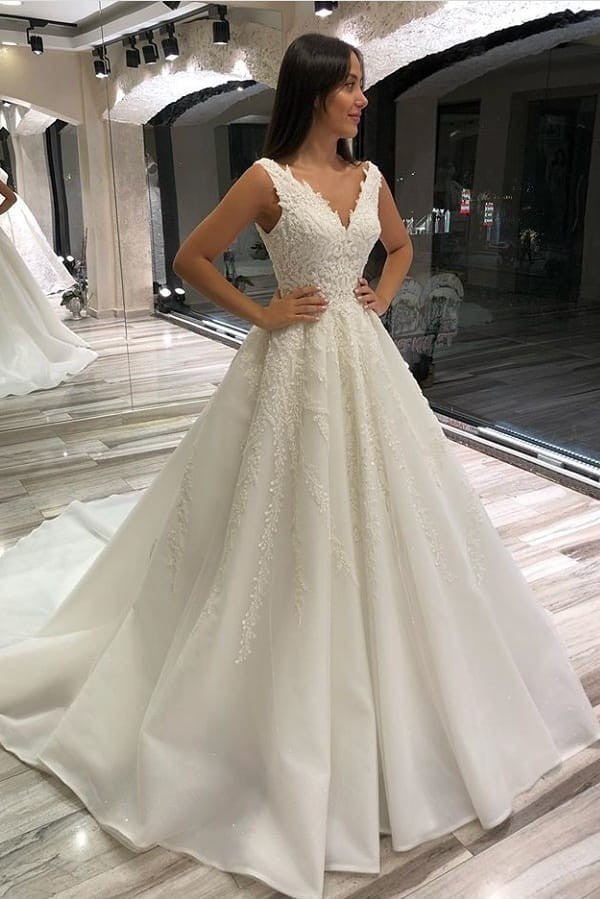 Glamorous Long A-line V-neck Sleeveless Lace Satin Wedding Dress