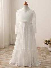 Long A-line V-neck Tulle Lace Flower Girl Dresses with Sleeves