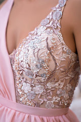Charming A-Line V-Neck Chiffon Appliques Lace Long Prom Dress with Split