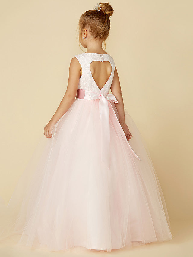 Long A-line Tulle Sleeveless Jewel Neck Flower Girl Dresses with Appliques Lace