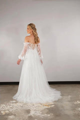 Long A-line Off the Shoulder Tulle Lace Wedding Dresses with Sleeves