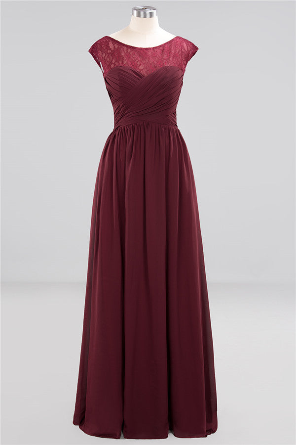 Chic Bateau A-Line Chiffon Party Dress Floor Length Ruffles Prom Dress