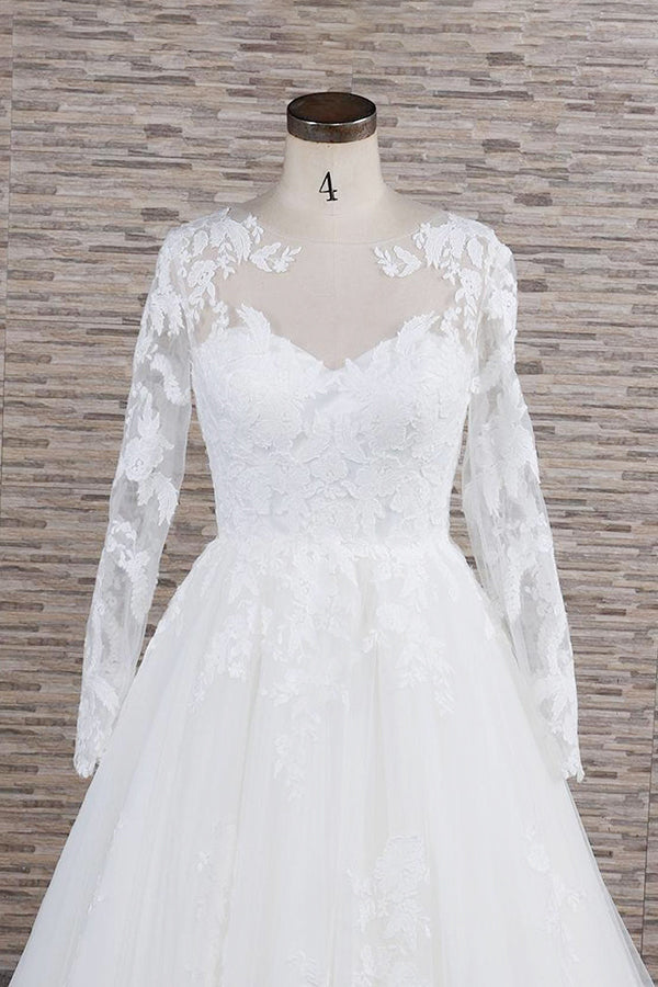 Plus Size Long A-line Applqiues Lace Tulle Wedding Dress with Sleeves