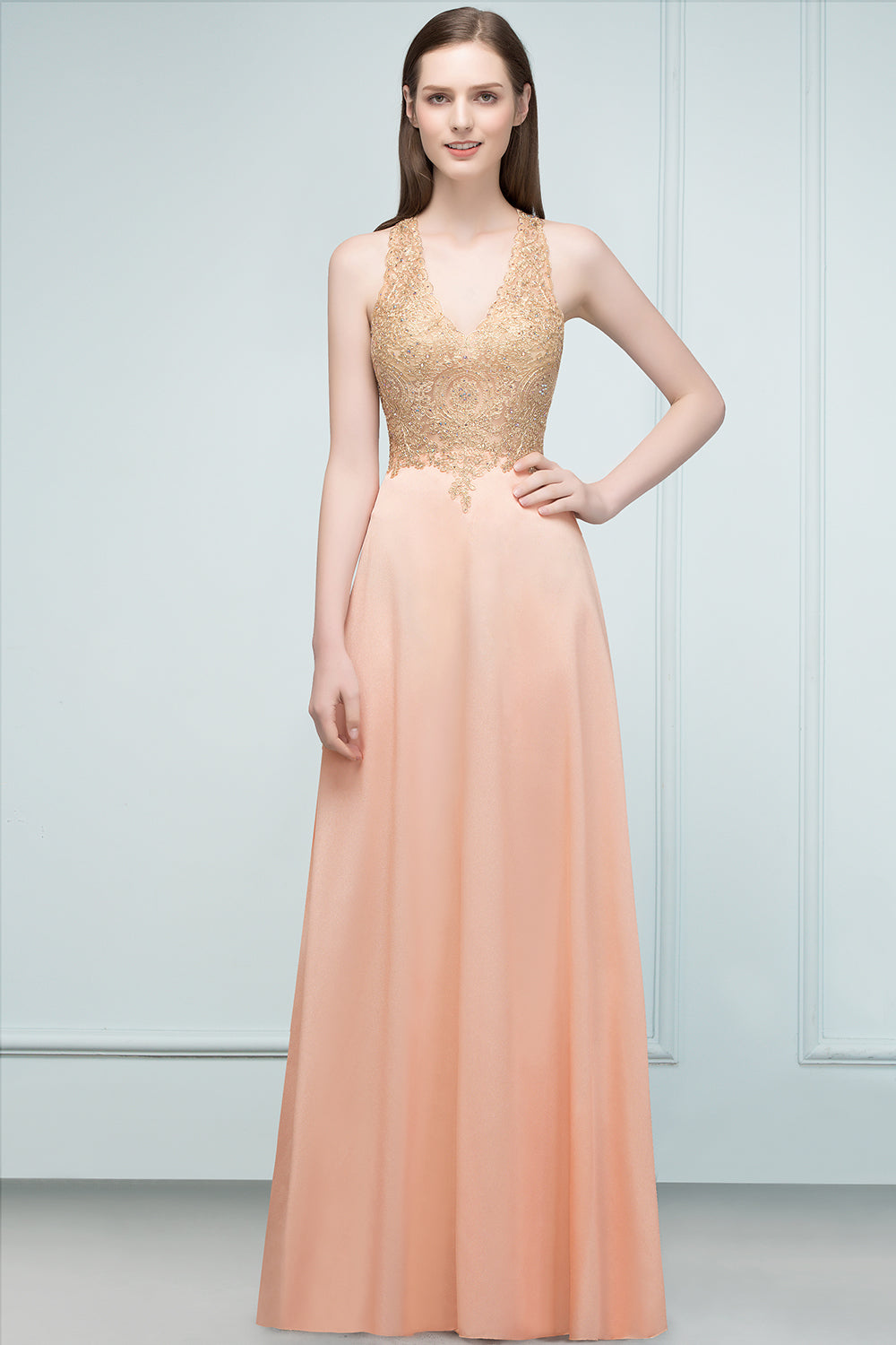 Long V-neck Chiffon Lace A-line Evening Dress