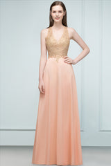 Long V-neck Chiffon Lace A-line Evening Dress