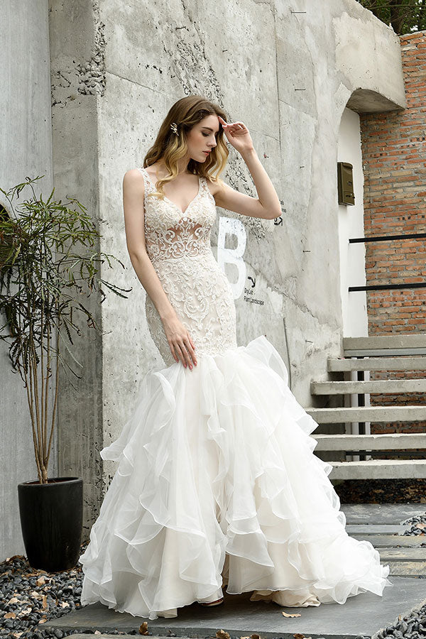 Elegant Long V-neck Appliques Lace Mermaid Wedding Dress