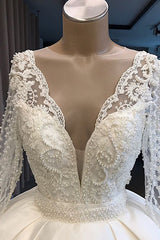 Long Sleeve V-neck Ball Gown Satin Tulle Wedding Dress