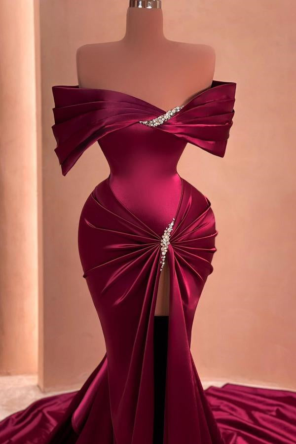 Mermaid Long Front Split Off The Shoulder Prom Dress with Beads
