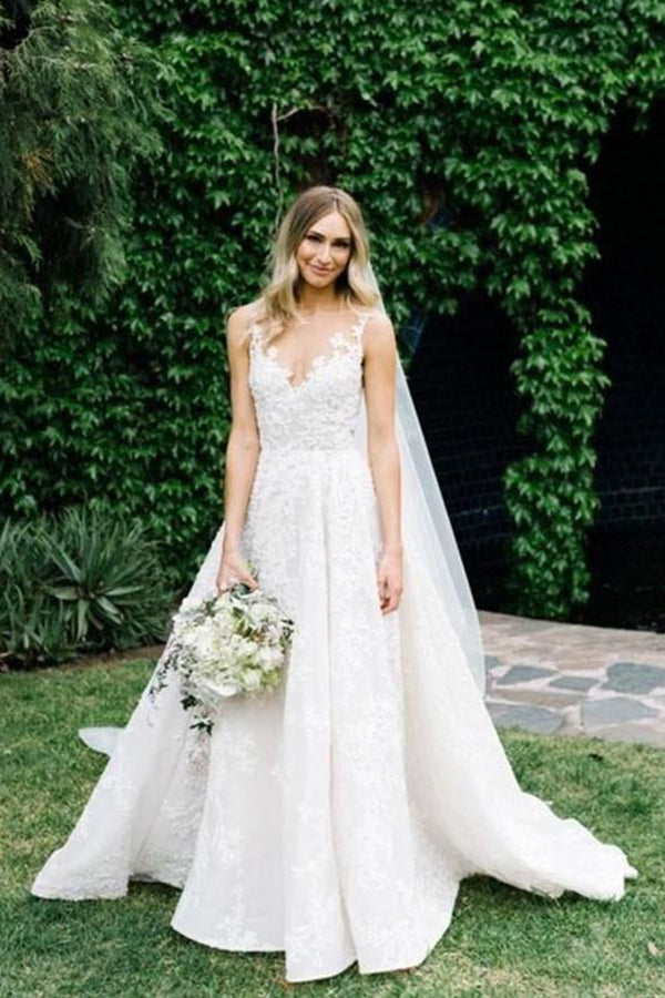 Long Straps V-neck Floral Lace Beads A-line Wedding Dress